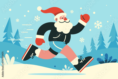 Cheerful Santa Claus Running through Winter Wonderland in Vibrant Colors