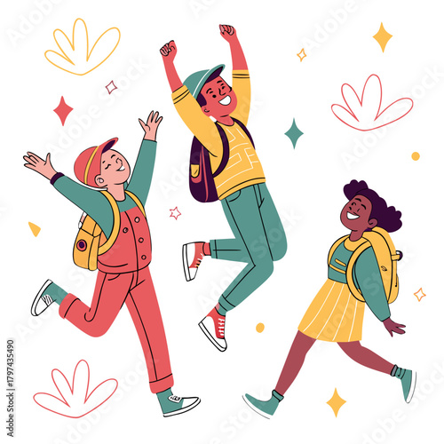 Three happy students jumping and celebrating the start of the school year cheerful pupils with backpacks having fun together