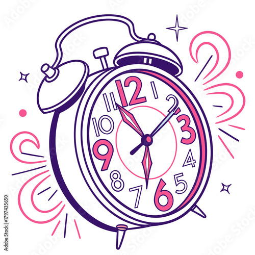 A vibrant alarm clock illustration, , showcasing the excitement of waking up to a new day, a symbol of punctuality and the start of fresh opportunities