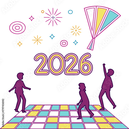 A vibrant illustration of a 2026 celebration with dancing figures and festive decorations, a fun and energetic scene of joy and excitement