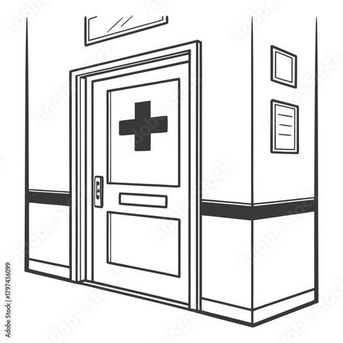 A line drawing of a hospital entrance with a door marked with a cross, indicating a medical facility, the scene is simple and clean