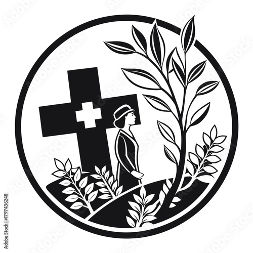 A woman stands near a cross and a tree, all within a circle, a somber scene of remembrance and reflection on loss