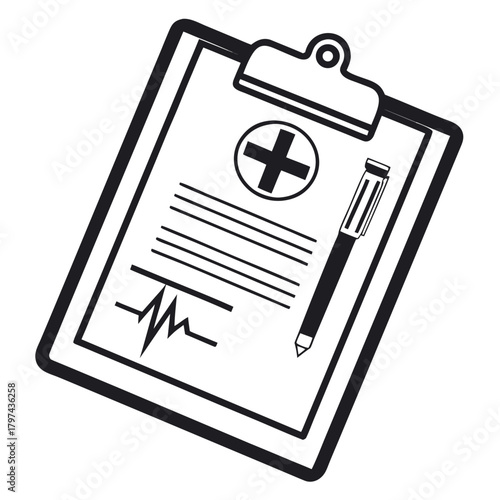A medical clipboard with a pen the clipboard contains a medical symbol and lines of text, along with a heart rate monitor symbol