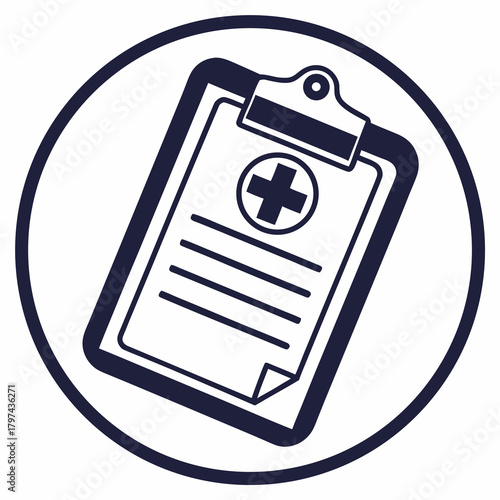 A medical clipboard with a medical symbol the clipboard contains lines of text, indicating a medical report or patient information