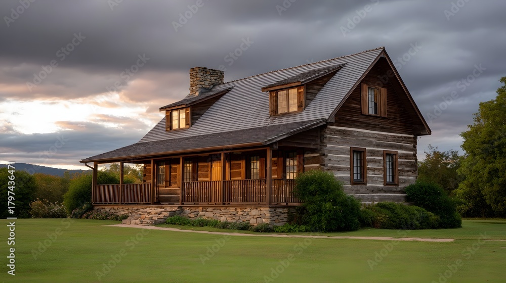 Fototapeta premium Rustic log cabin with porch and stone chimney at golden hour under dramatic stormy clouds