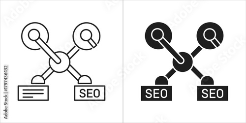 Seo concept with drone and document icons, representing search engine optimization strategy