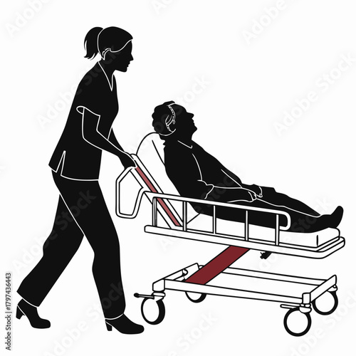 Silhouette illustration of a nurse pushing a patient on a gurney, a symbol of healthcare and medical assistance for people in need
