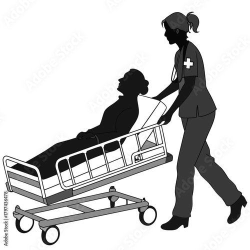 Silhouette illustration of a nurse pushing a patient on a gurney, a symbol of healthcare and medical assistance for people in need