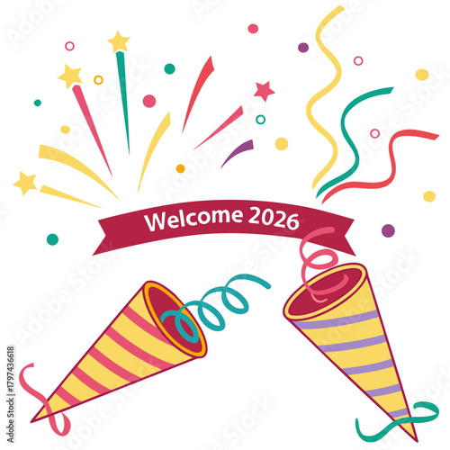 Festive welcome 2026 celebration with confetti and party poppers, , ushering in the new year with joy and excitement in a colorful design