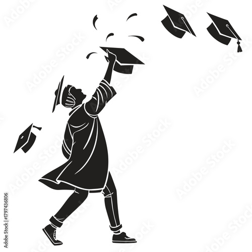 A black and white line drawing of a graduate throwing their cap in the air, celebrating academic achievement and the culmination of their studies