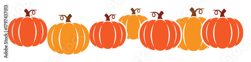 A row of seven simple, stylized pumpkins in classic autumnal shades of orange and dark yellow, featuring brown stems and vines. The flat vector illustration is isolated on a white background, ideal fo