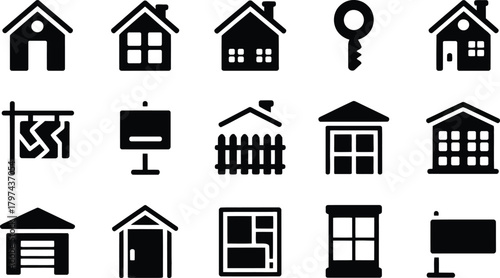 Real estate icon set black and white vector illustration design
