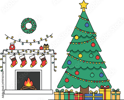 zy fireplace with Christmas stockings and lights