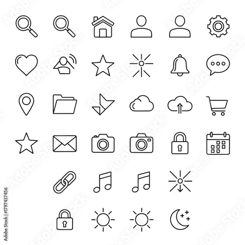 Collection of thin line icons for user interface and web design graphic