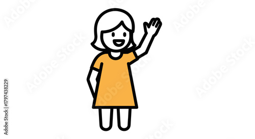 Cheerful cartoon girl with short hair waving hello.