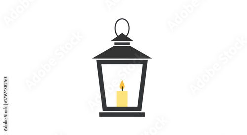 Classic Black Lantern with Glowing Candle Inside Simple Design.