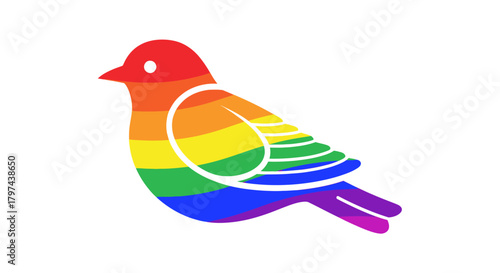 Colorful Bird Illustration with Rainbow Stripes and White Outline.