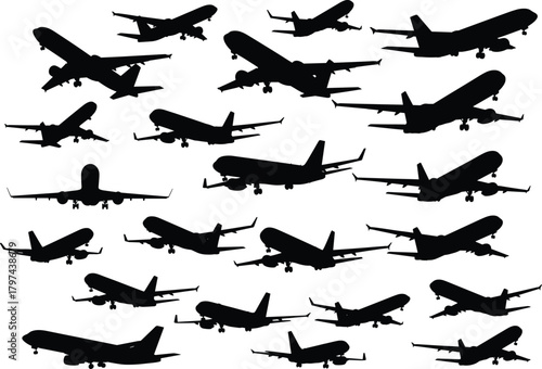 Airplane silhouette vector set with landing gear, commercial jet icons in various angles for aviation, travel, airport, and aircraft design