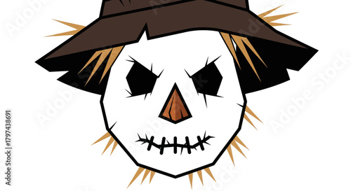 Cartoon Scarecrow Face with Straw and Brown Hat.