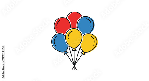 A vibrant bunch of colorful balloons tied together with strings.