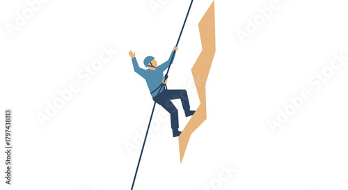 Illustrated rock climber ascending a steep cliff with rope and helmet.