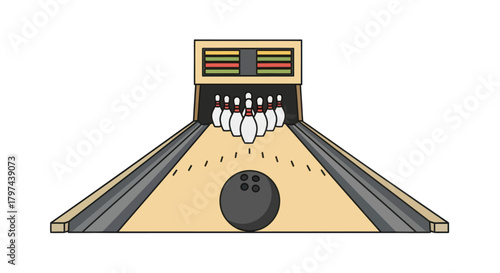 Illustrated Bowling Lane with Pins Ball and Scoreboard.