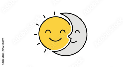 Smiling Sun and Crescent Moon Embracing Each Other.