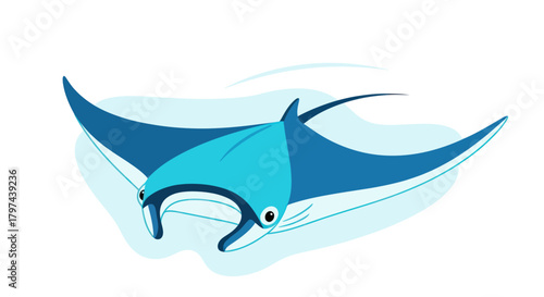A stylized illustration of a blue manta ray swimming gracefully.