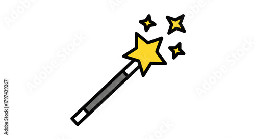 Cartoon Magic Wand with Yellow Star and Sparkling Stars.
