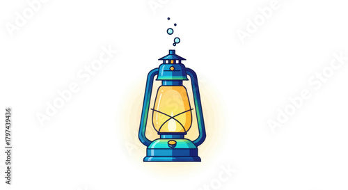 Vintage blue kerosene lantern with glowing yellow light and bubbles.
