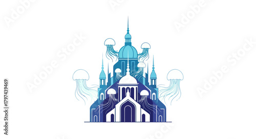 Stylized Blue and White Fantasy Castle Illustration with Domes and Spires.