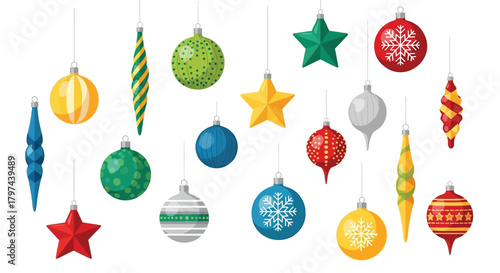 Collection of colorful hanging christmas ornaments including baubles stars and icicles on a white background