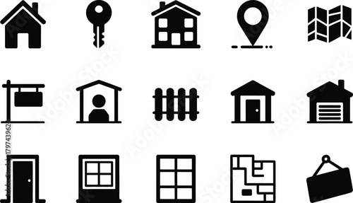 Real estate icons in black and white representing property and homeownership