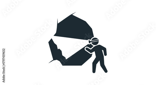 Silhouette of a person breaking through a wall wearing a headlamp.
