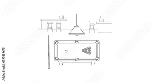 Line art illustration of a billiard table with balls and rack in a bar setting.