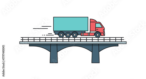 Red Truck Crossing a Bridge Illustration.