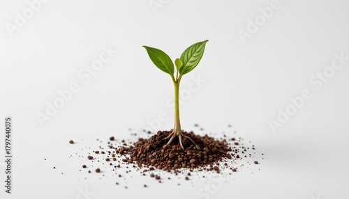A single leaf sprouts from soil with small brown specks, symbolizing new growth against a white background.