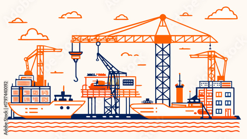 Flat illustration of seaport with cargo cranes, ships and containers.