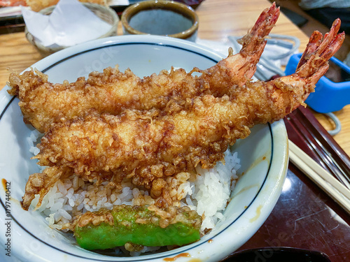 Delicious Prawn Tempura Rice Bowl with Green Pepper