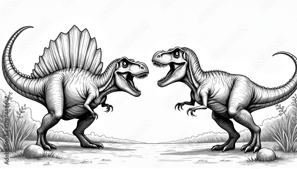 Fototapeta premium Two large prehistoric dinosaurs, Spinosaurus, T Rex, face. Stand on ancient land with plants, rocks. Extinct creatures roar, ready for interaction. Great coloring page for kids, showing ancient