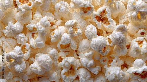 Close-up White & light brown popcorn kernels filling the frame, textured surface