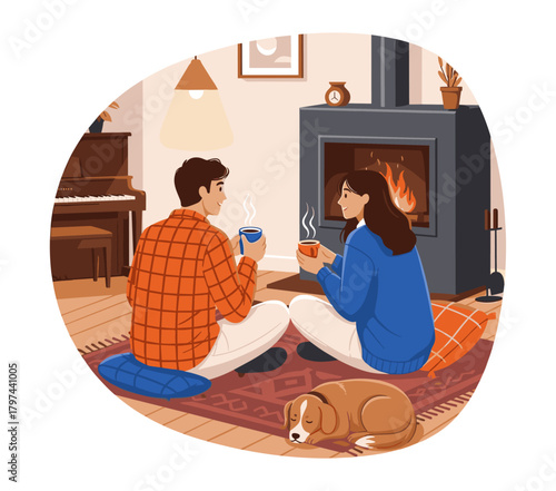 Young Couple Relaxing with Hot Drinks against Cozy Living Room Interior. Flat vector illustration