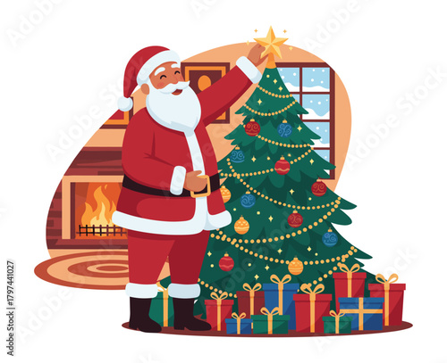 Santa Claus placing star on Christmas tree against cozy fireplace. Flat isolated vector illustration on white background