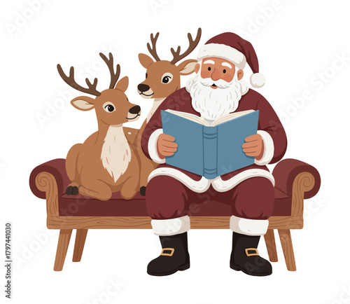 Santa Claus Reading with Reindeer Isolated on White Background. Flat vector illustration