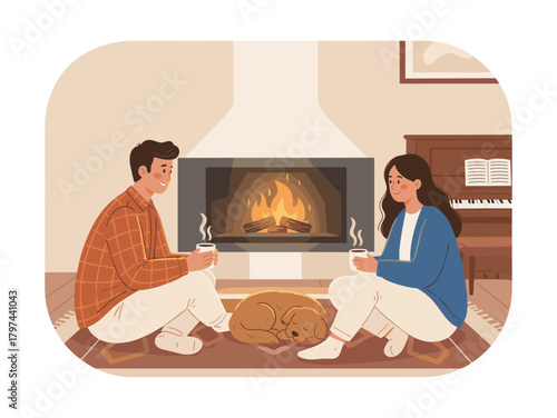 Young Couple with Sleeping Dog against Cozy Fireplace Interior. Flat vector illustration