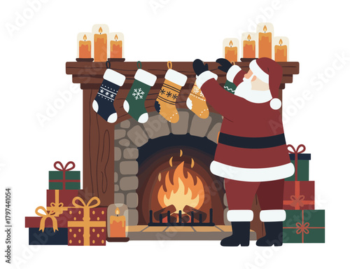 Santa Claus Adjusting Stockings against Lit Fireplace on white,transparent  Background. Flat vector illustration