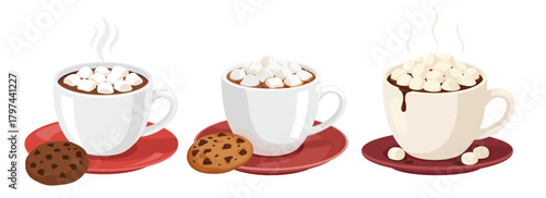 Hot chocolate with marshmallows in flat illustration in warm colors on white,transparent background