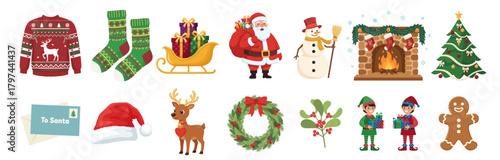 Christmas set in flat illustration in bright colors including Santa, reindeer, wreath, ornaments, and more holiday elements, perfect for seasonal designs and celebrations.