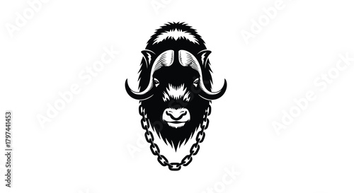Horned bovine musk ox with chain vector illustration