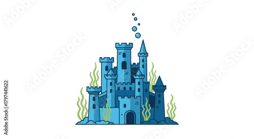 Stylized Blue Castle with Turrets Bubbles and Aquatic Plants.